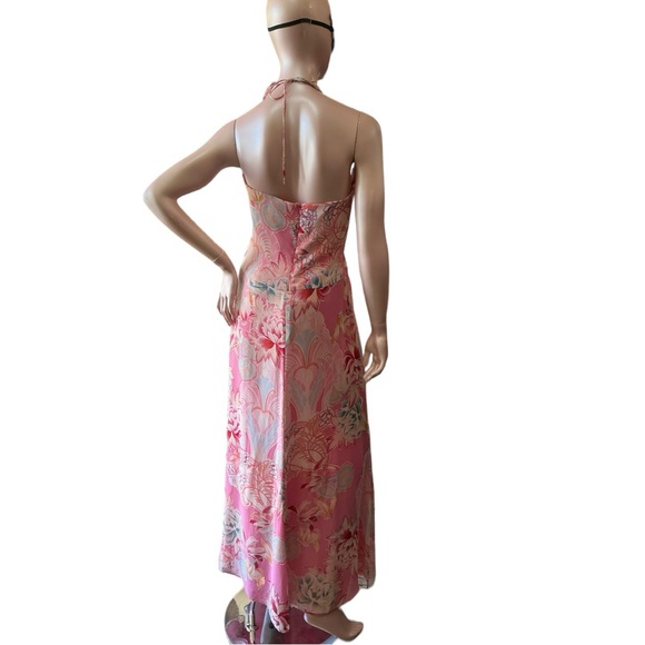 Kay Unger 100% Silk vintage midi maxi dress pink lined halter ruffles XS S - Picture 2 of 16